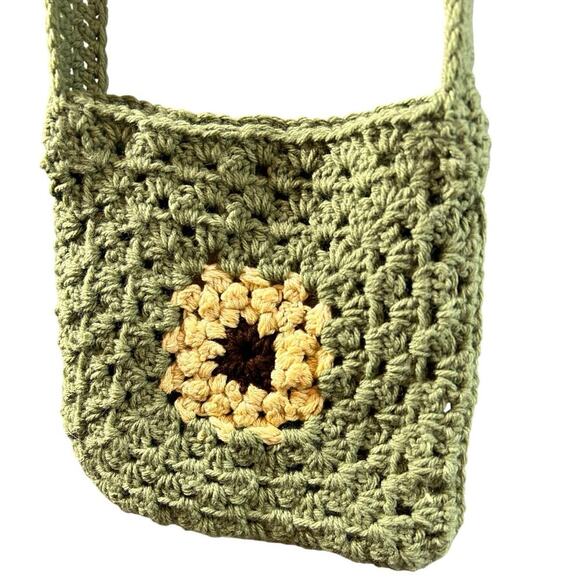 Handmade crochet Sage Green with Yellow Flower Open Knit Boho Festival Crossbody - Picture 3 of 4